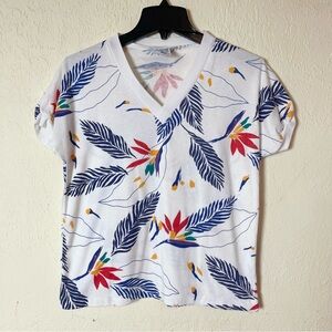 Vintage 1980s Queen's Way to Fashion Women's M Tropical Ringer V Neck Tee Shirt